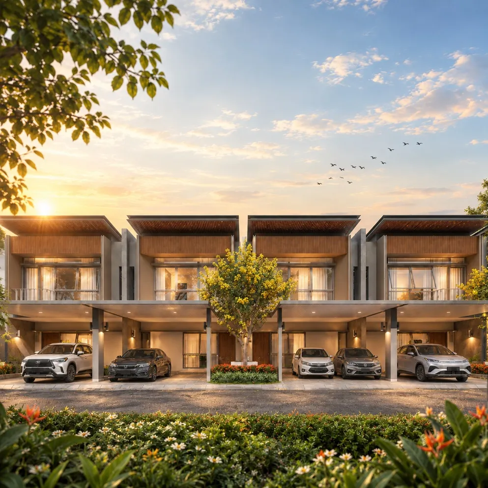 Ilustrasi fasad rumah Scotts Vale tipe 7, deretan rumah 2 lantai dengan carport